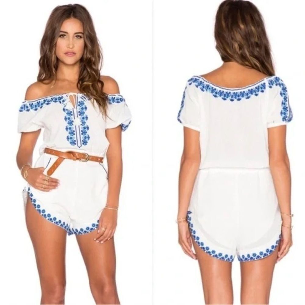 Spell Santorini White Romper with Blue Embroidery